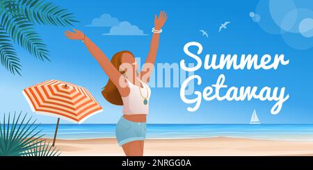 Happy tourist woman at the beach: summer vacations and travel concept Stock Vector