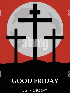 Crucifixion of Jesus Christ on the cross at Calvary Mountain with moon in background Stock Vector