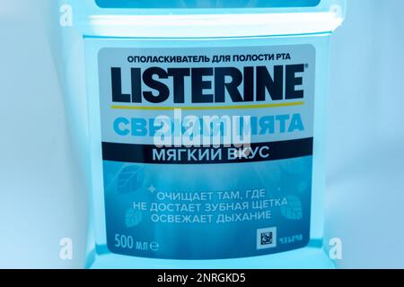 Tyumen, Russia-October 14, 2022: Listerine logo blue is an American brand of antiseptic mouthwash. Stock Photo