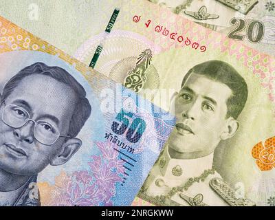 Macro detail with a 50 Thai Baht banknote. the baht is the official currency of Thailand Stock Photo