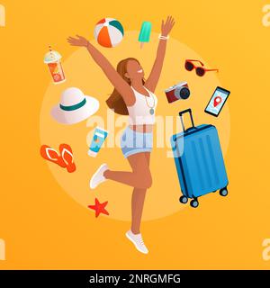 Happy woman leaving for summer vacations, she is surrounded by travel and beach accessories Stock Vector