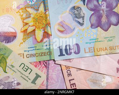 Many romanian banknotes. Romanian currency concept. Stock Photo