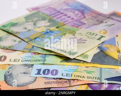 Many romanian banknotes. Romanian currency concept. Stock Photo