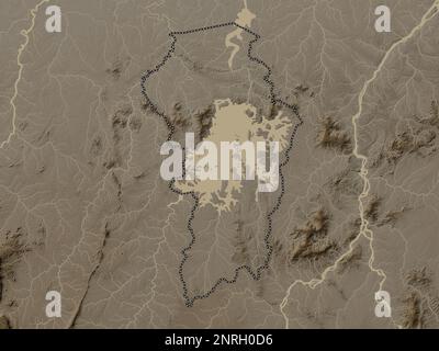 Brokopondo, district of Suriname. Elevation map colored in sepia tones with lakes and rivers Stock Photo