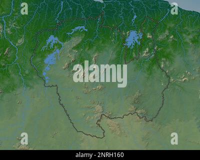 Sipaliwini, district of Suriname. Colored elevation map with lakes and rivers Stock Photo