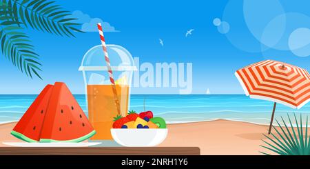 Fresh healthy fruit and drink on a table at the beach: summer vacation and healthy lifestyle concept Stock Vector