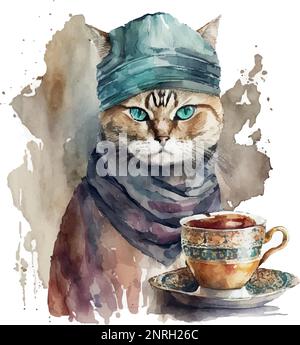 Turkish Cat with coffee cup. Muslim cat with turban. Watercolor Vector illustration for coffee houses. Isolated on white background. Can be used for m Stock Vector