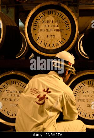 Barrels of whisky are set at Suntory Yamazaki Distillery in