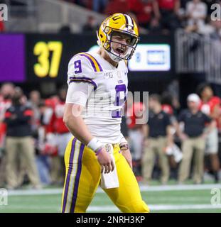 LSU quarterback Joe Burrow (9) celebrates after connecting with wide  receiver Justin Jefferson for a touchdown against Texas during the second  half of an NCAA college football game Saturday, Sept. 7, 2019