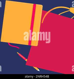 Notebook laying on desk. Blank paper near books. Bright colored vector illustration. Pencil, pen, different school office supplies. Empty space for Stock Vector