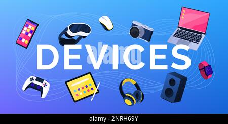 Devices text and assorted electronic devices floating: technology concept Stock Vector