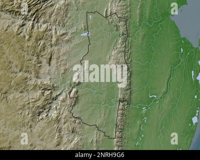 Lubombo, district of Eswatini. Elevation map colored in wiki style with lakes and rivers Stock Photo