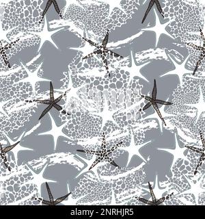 Seamless marine pattern in grey. Sea horse and shells in monochrome. Ocean and underwater life seamless. Stock Vector