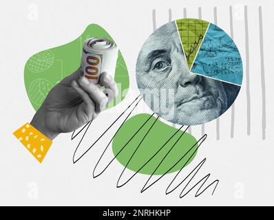 Contemporary art collage with hand holds dollars and financial chart. Business analysis and savings. Stock Photo