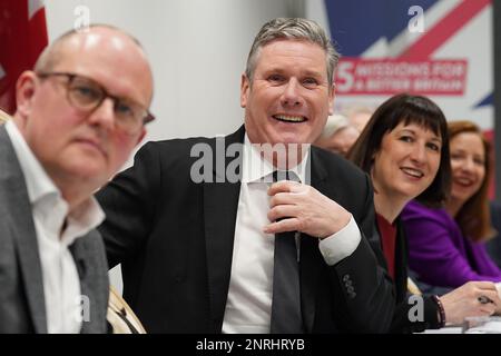 (Left-right) Paul Nowak, general secretary of the Trades Union Congress (TUC), Labour Party leader Sir Keir Starmer and shadow chancellor Rachel Reeves in central London, during an event to outline further details on the Party's growth mission, which targets the UK having the highest sustained growth in the G7 in Labour's first term in office. Picture date: Monday February 27, 2023. Stock Photo