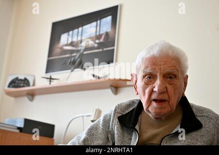 Brno, Czech Republic. 27th Feb, 2023. The last living Czech fighter pilot serving in the British RAF (Royal Air Force) during World War Two Major General Emil Bocek celebrates his 100th birthday in Brno, Czech Republic, February 27, 2023. Credit: Vaclav Salek/CTK Photo/Alamy Live News Stock Photo