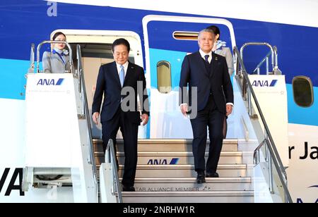 Tokyo, Japan. 27th Feb, 2023. Japan Football Association (JFA) president Kozo Tashima (R) and All Nippon Airways (ANA) president Shinichi Inoue (L) appear from ANA jet liner as they agreed contract of their partnership at the ANA hangar at Tokyo's Haneda airport on Monday, February 27, 2023. ANA will support Japan national team's domestic and international tours from 2023 February to end of 2026. (photo by Yoshio Tsunoda/AFLO) Credit: Aflo Co. Ltd./Alamy Live News Stock Photo