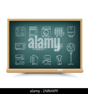 Chalk draw energy-consuming icons on blackboard Stock Vector