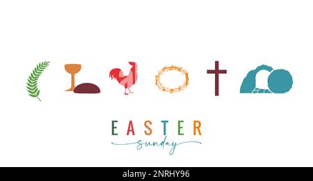 Easter Sunday greeting card with Good Friday symbols. Celebrate resurrection, concept for church web banner or holiday flyer. Vector illustration Stock Vector