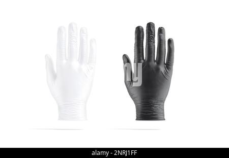 Blank black and white rubber gloves back mockup, front view, 3d rendering. Empty medically sterille gloves for doctor or nurse mock up, isolated. Clea Stock Photo