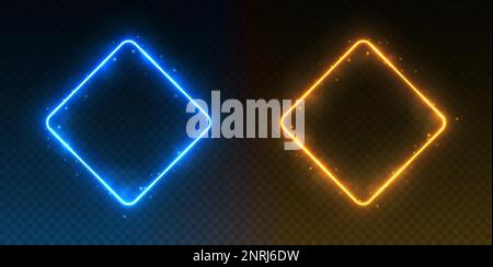Neon rhombus frames, glowing rectangular borders with smoke and sparkles, ice and fire portals concept Stock Vector