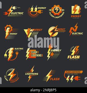 Electricity logo. Flash bolts power symbols for badges recent vector templates set Stock Vector