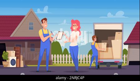 Family moving. Happy people relocated and moving home appliances furniture packing in boxes exact vector cartoon background Stock Vector
