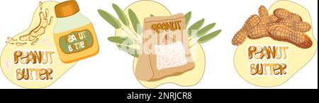 Set of peanut butter elements. Peanut nuts, jar of peanut butter. T-shirt print design. Stock Vector