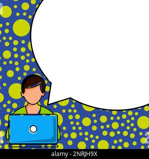 Man sitting at the table with laptop. Big white speech bubble for text overhead. Empty Dialog box on bright colored background. Vector drawing Stock Vector