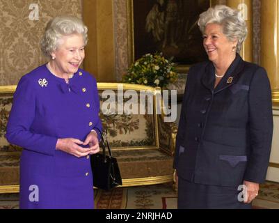 File photo dated 11/10/00 of Queen Elizabeth II (left) sharing a joke after she receiving the Rt Hon Betty Boothroyd, MP, Speaker of the House of the Commons, in a farewell Audience at Buckingham Palace in London. Baroness Betty Boothroyd, the first woman to be Speaker of the House of Commons, has died, according to current Speaker Sir Lindsay Hoyle, who said she was 'one of a kind'. Issue date: Monday February 27, 2023. Stock Photo