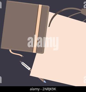 Notebook laying on desk. Blank paper near books. Bright colored vector illustration. Pencil, pen, different school office supplies. Empty space for Stock Vector