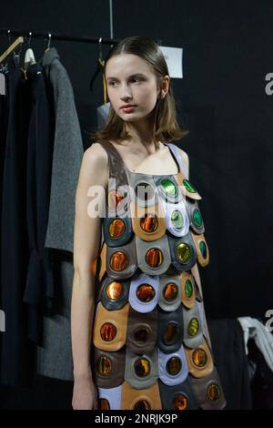 The backstage of Budapest Select at Milan Fashion Week 2023 is a frenetic and energetic place, where designers, models, make-up artists Stock Photo