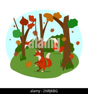 Cozy cute bright illustration for children's book about wild animals. Funny foxes run and play in the autumn forest. Images for encyclopedias, fairy t Stock Vector