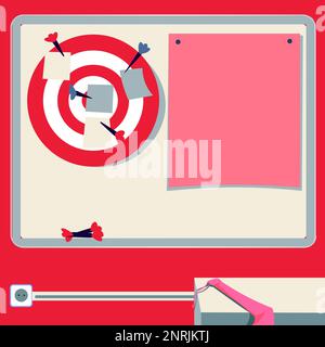 Vector illustration with school whiteboard. Papers contain brand new important information and agenda. Bright colored background. Dartboard hanging on Stock Vector