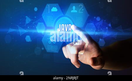 Hand touching digital button concept Stock Photo