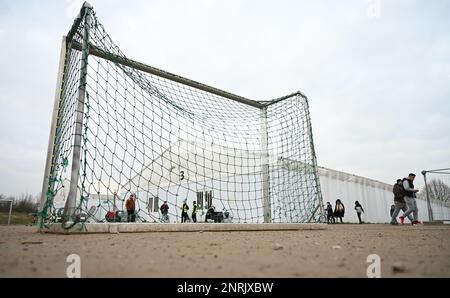 Bensheim, Germany. 10th Feb, 2023. A soccer goal stands in front of the tents on the grounds of the refugee shelter. Cities and communities can hardly accommodate the number of refugees. The Bergstrasse district is not alone in calling for more support from the federal and state governments. Credit: Arne Dedert/dpa/Alamy Live News Stock Photo