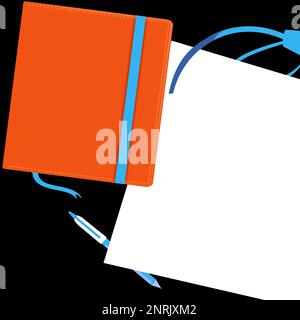 Notebook laying on desk. Blank paper near books. Bright colored vector illustration. Pencil, pen, different school office supplies. Empty space for Stock Vector