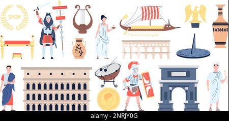 Ancient rome elements, roman weapons and buildings. Empire gladiators warriors, greek people characters. History flat recent vector collection Stock Vector