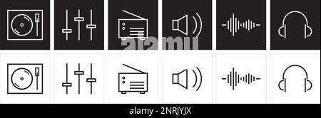 An illustration set of music app icon vector. Album playlist chart icons. Linear Sounds and audio symbol design. Stock Vector