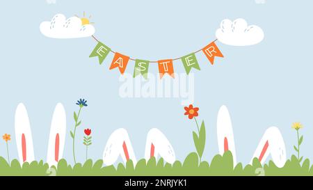 White rabbit ears in green grass. Easter bunny spring festive background. Garden meadow with flowers, seasonal vector scene Stock Vector