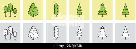 An illustration set of Minimal trees vector icon. Linear tree icon set. Forest, park and garden symbol design. Stock Vector