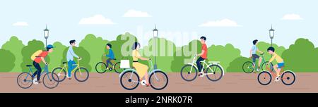 People bicycle riding in city park. Summer outdoor activity, eco transport for man woman and kids. Drive bike, sport and hobby riders recent vector Stock Vector