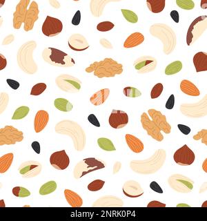 Nuts seamless pattern. Nut and seeds raw ingredients, pistachio and hazelnut mix. Healthy dry snacks print, organic food granola racy vector Stock Vector