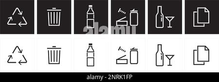 Recycle Pictograms: Trash Sorting Vector Icon Set.Recycling Symbols and Trash Can Vector Illustration for Waste Management. Stock Vector