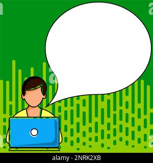 Man sitting at the table with laptop. Big white speech bubble for text overhead. Empty Dialog box on bright colored background. Vector drawing Stock Vector