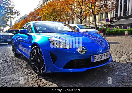 Paris, France - October 26th 2019 : Beautiful blue Alpine Renault parked in George V avenue. Stock Photo