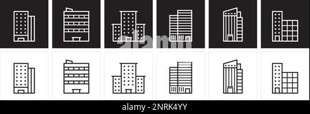 A set of linear building icon vector. City architecture concept icons. Modern office building pictograms. Stock Vector