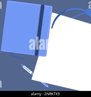 Notebook laying on desk. Blank paper near books. Bright colored vector illustration. Pencil, pen, different school office supplies. Empty space for Stock Vector