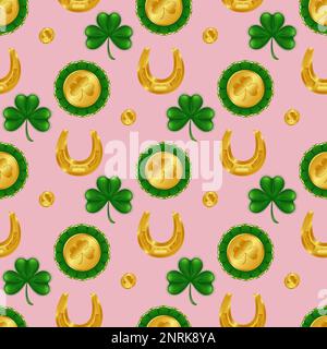 Celebrate St. Patrick's Day in style with this seamless pattern featuring a lucky golden horseshoe, coins, clover shamrock, and a shiny gold medal. Pe Stock Vector