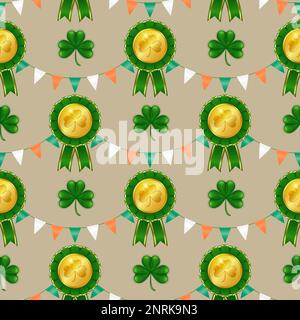 Celebrate St. Patrick's Day with this seamless pattern featuring a garland of Irish flag-inspired triangles, shamrocks, and a golden award. Perfect fo Stock Vector